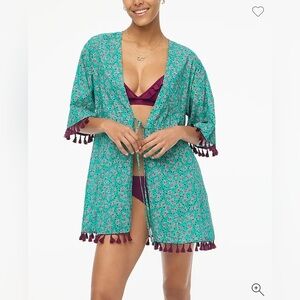 J Crew Cover Up Tie Front Turquoise Purple Floral Print Organic Cotton Tassel SM